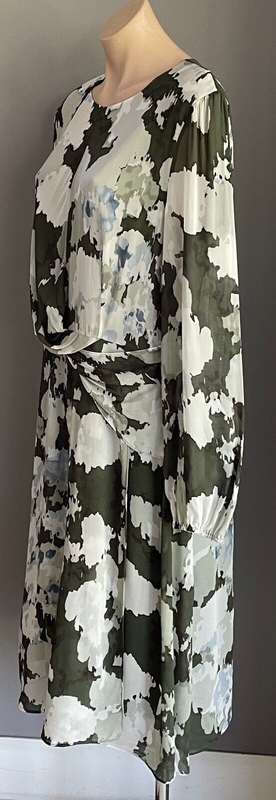 DAVID LAWRENCE Shift Dress Khaki Grey Blue Long Sleeve Twist Front Detail Sz 16