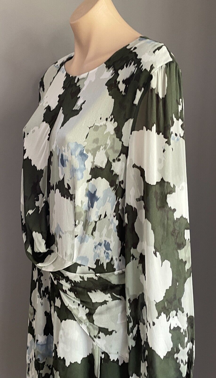 DAVID LAWRENCE Shift Dress Khaki Grey Blue Long Sleeve Twist Front Detail Sz 16