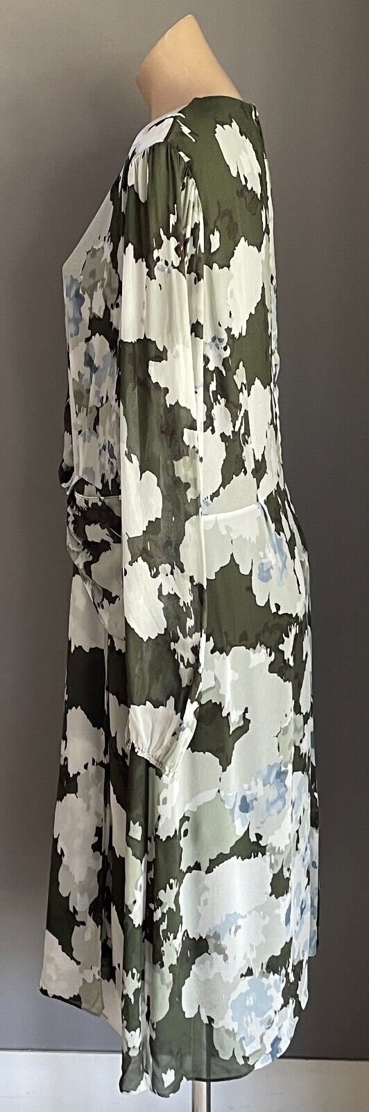 DAVID LAWRENCE Shift Dress Khaki Grey Blue Long Sleeve Twist Front Detail Sz 16