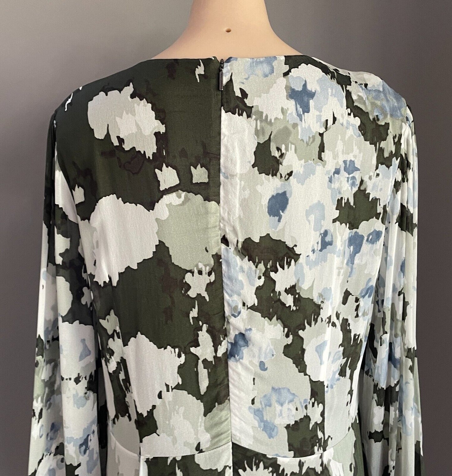 DAVID LAWRENCE Shift Dress Khaki Grey Blue Long Sleeve Twist Front Detail Sz 16