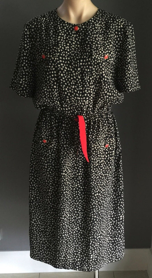 NONI B Dress Elastic Waist Black & Beige Spot Size 16 Red Accents Vintage