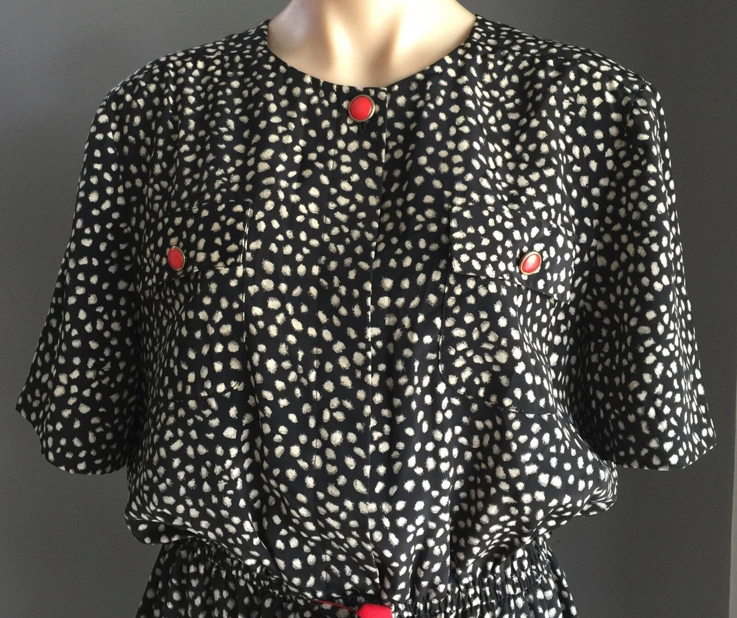 NONI B Dress Elastic Waist Black & Beige Spot Size 16 Red Accents Vintage