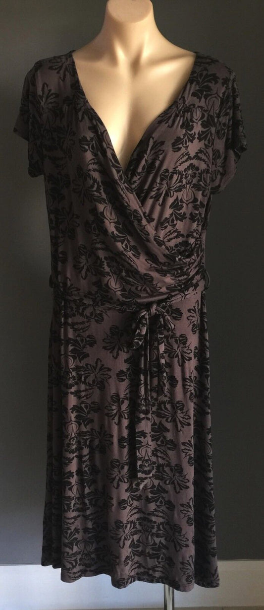 SARA Dress Faux Wrap Brown & Black Cap Sleeve Waist Tie Plus Size 1X 14 16 NEW