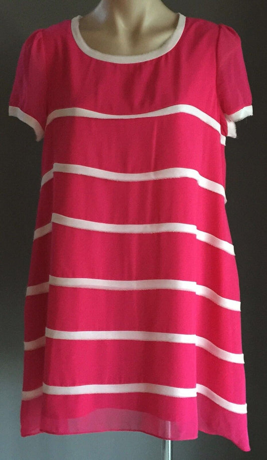 Beautiful Hot Pink & White Panel Short Sleeve A-line Dress Ladies Size 16
