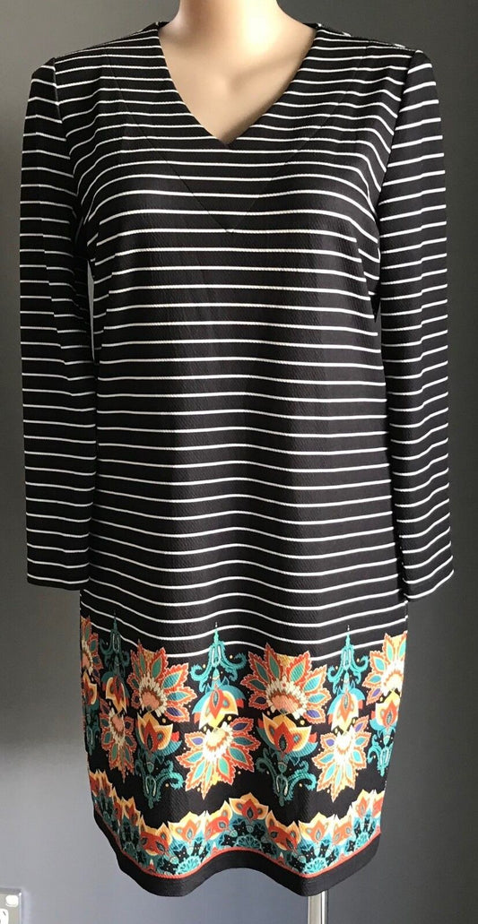 GRACE HILL Shift Dress Black & White Stripe Floral Hem Stretch Size 16 Gorgeous