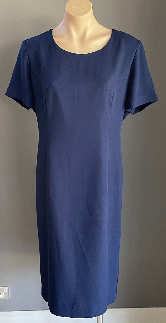 MAX TREND Navy Blue Short Sleeve Sheath Style Dress Lined Knee Length Size 16