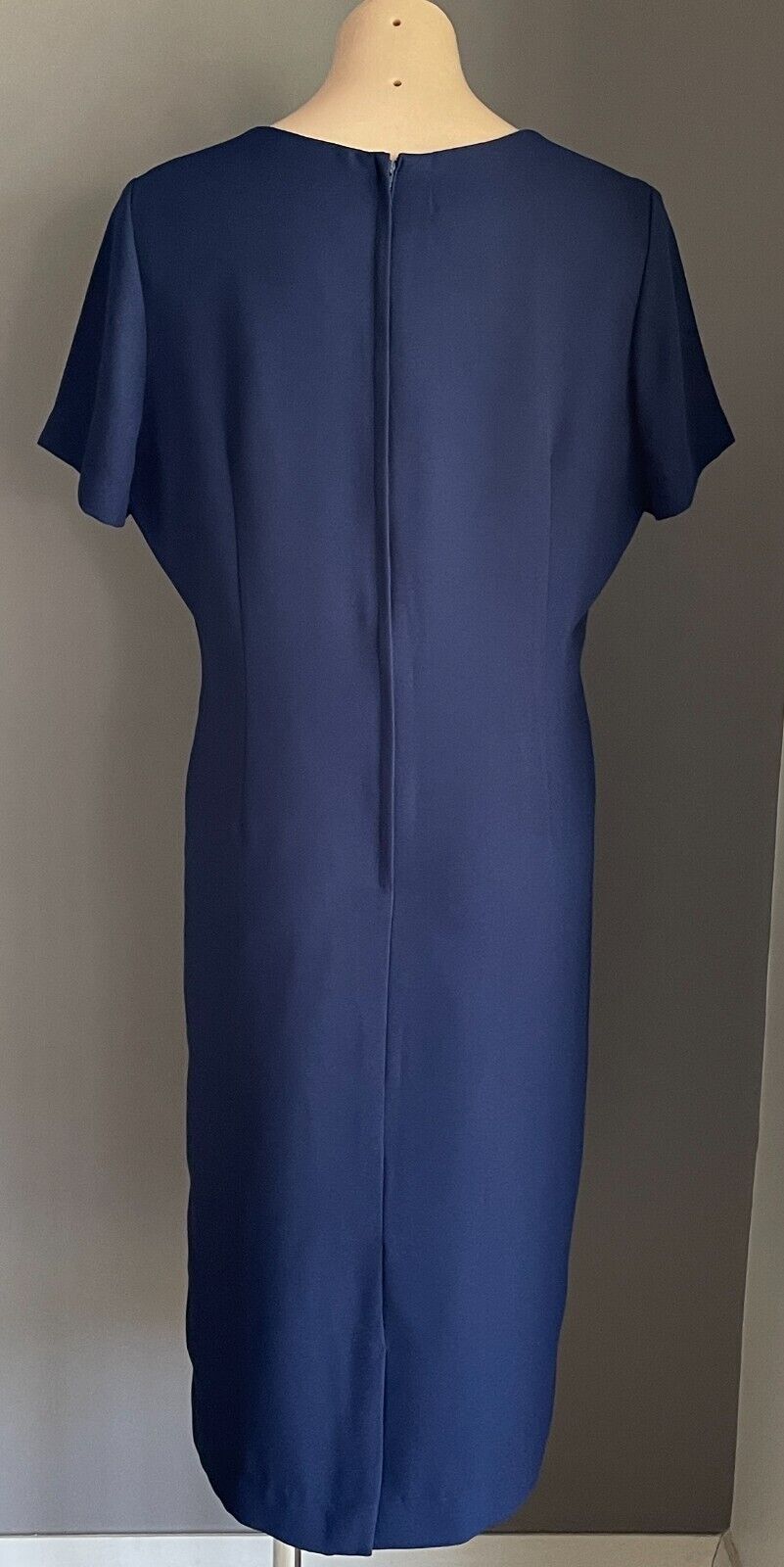 MAX TREND Navy Blue Short Sleeve Sheath Style Dress Lined Knee Length Size 16