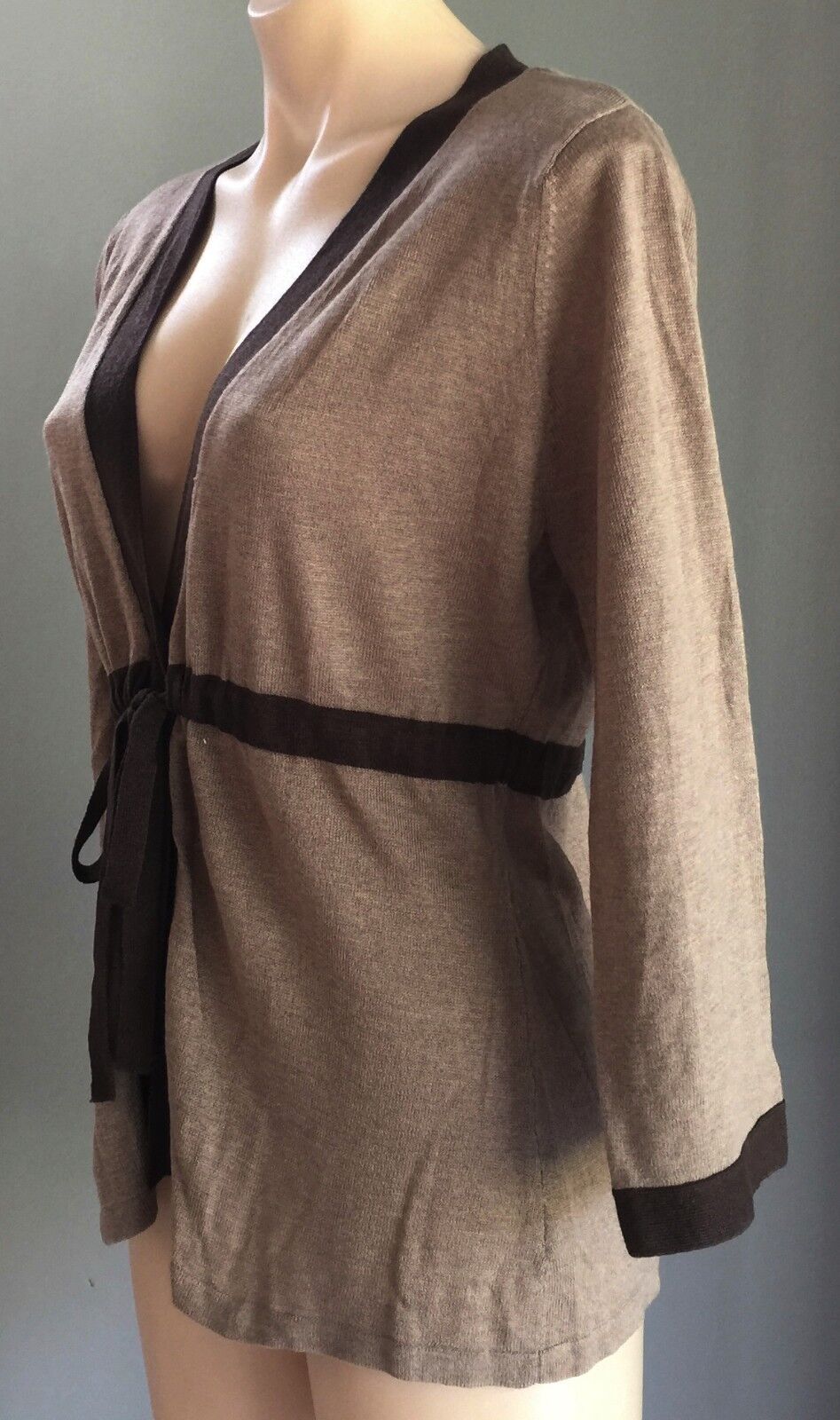 JACQUI E Cardigan Brown Jacket Long Sleeve Knit Drawstring Waist Size M 12 NEW