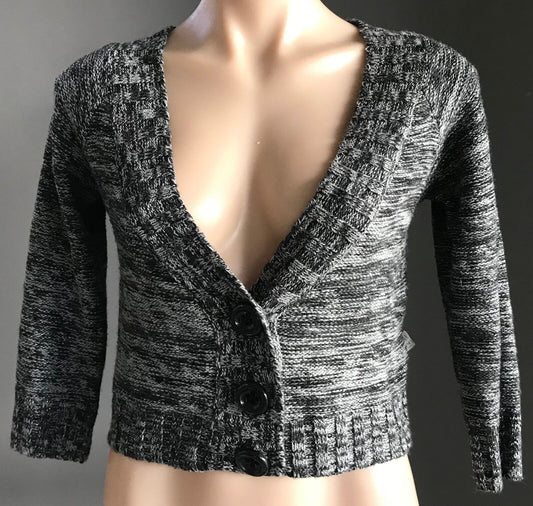 Crop Buttoned Cardigan Black Grey Silver Lurex 3/4 Sleeve Knit Ladies Size M 12