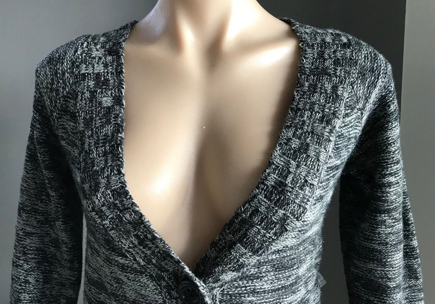 Crop Buttoned Cardigan Black Grey Silver Lurex 3/4 Sleeve Knit Ladies Size M 12
