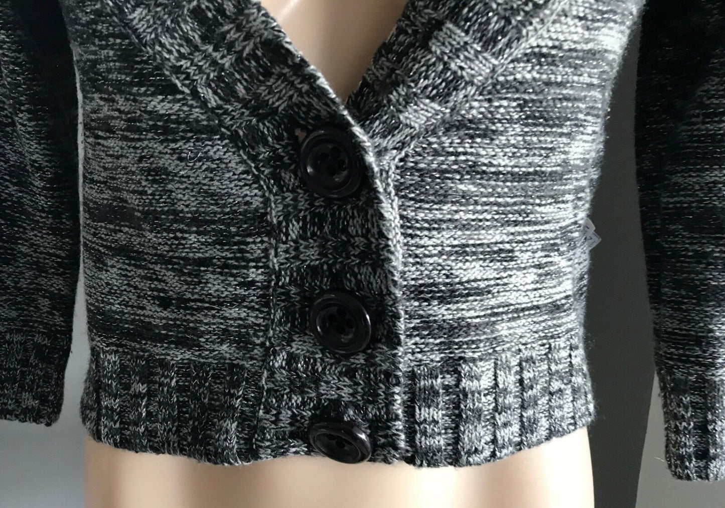 Crop Buttoned Cardigan Black Grey Silver Lurex 3/4 Sleeve Knit Ladies Size M 12