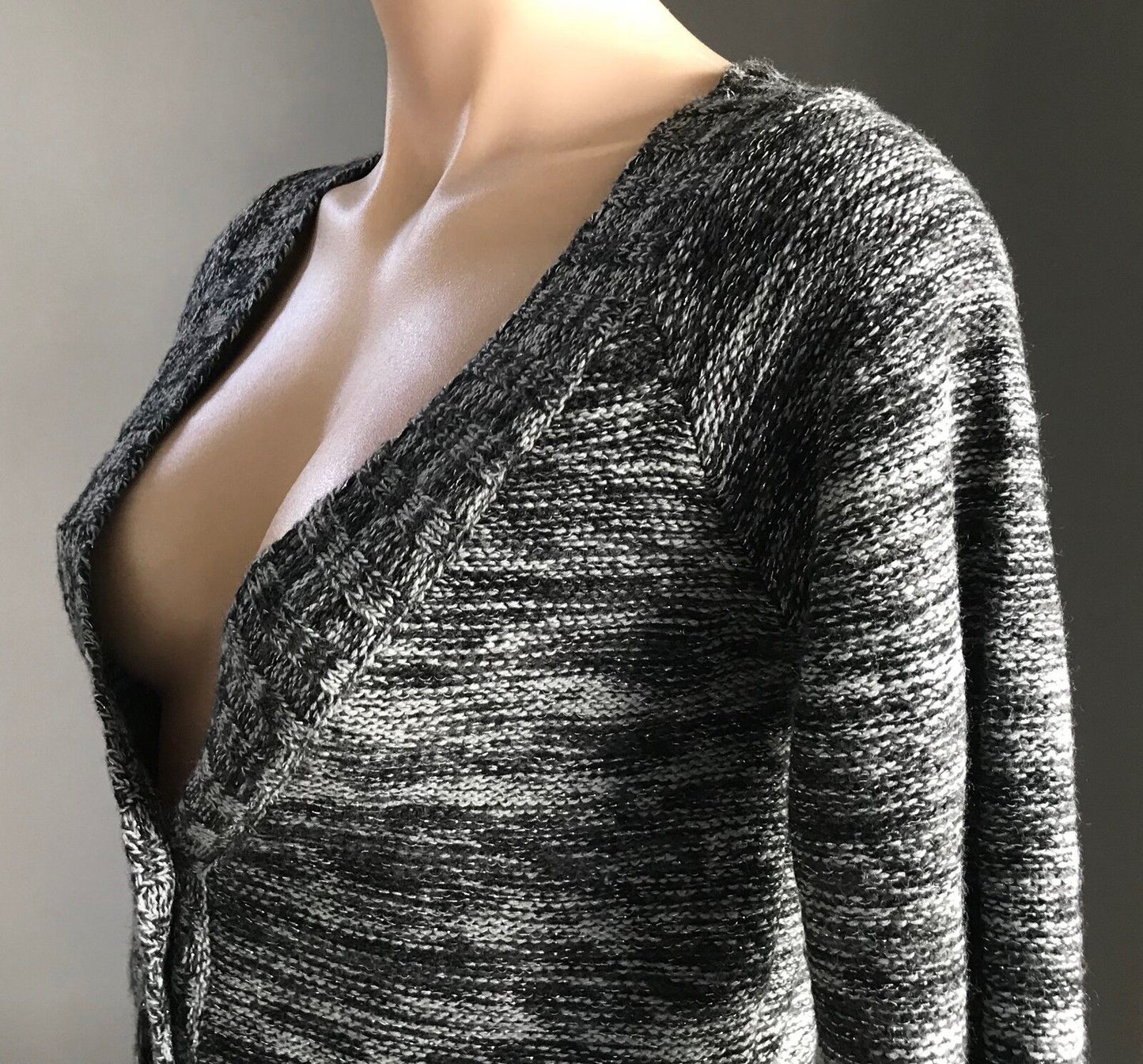 Crop Buttoned Cardigan Black Grey Silver Lurex 3/4 Sleeve Knit Ladies Size M 12