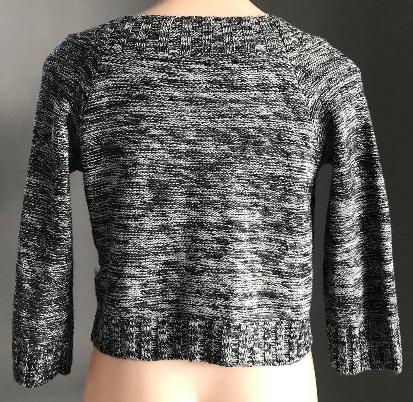 Crop Buttoned Cardigan Black Grey Silver Lurex 3/4 Sleeve Knit Ladies Size M 12