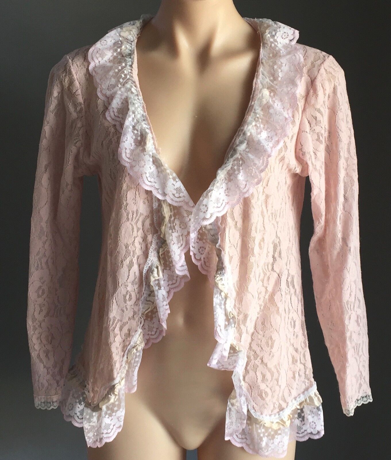 Soft Pink Lace Cardigan Jacket Long Sleeve White Lace Trim Stretch Size 12 Y2K