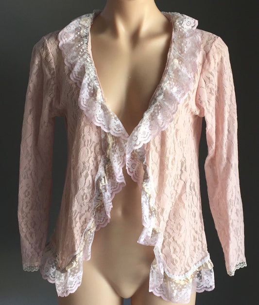 Soft Pink Lace Cardigan Jacket Long Sleeve White Lace Trim Stretch Size 12 Y2K