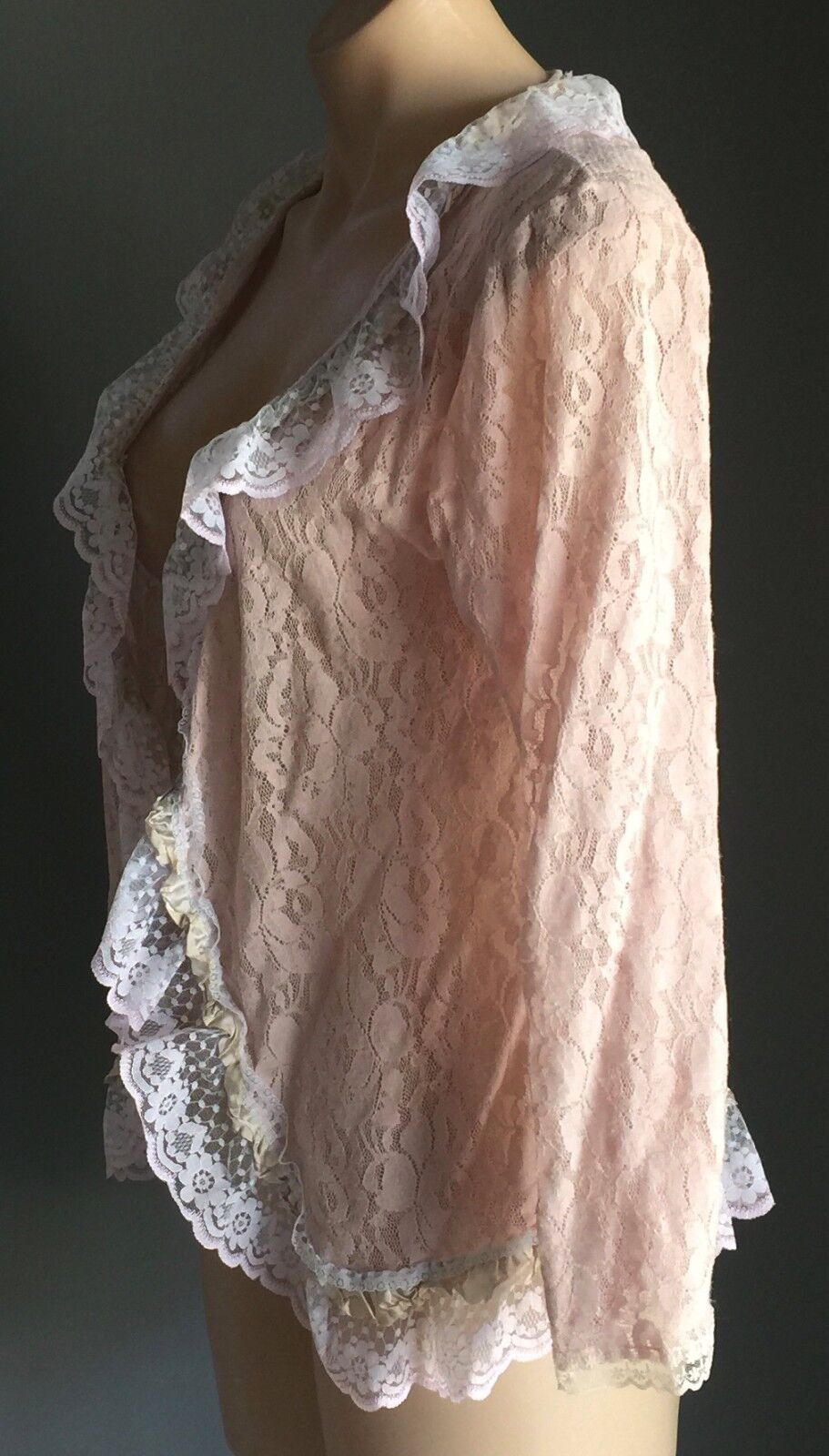 Soft Pink Lace Cardigan Jacket Long Sleeve White Lace Trim Stretch Size 12 Y2K