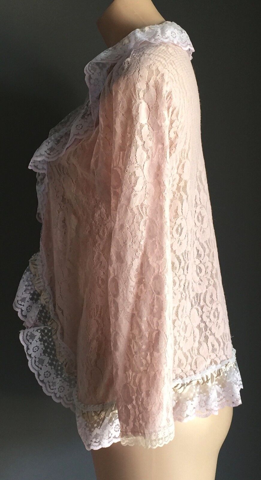 Soft Pink Lace Cardigan Jacket Long Sleeve White Lace Trim Stretch Size 12 Y2K