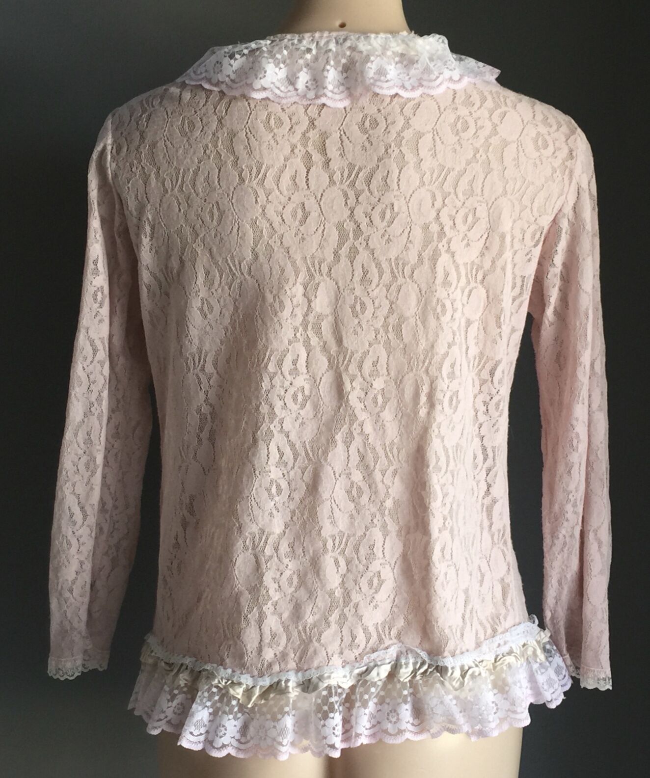 Soft Pink Lace Cardigan Jacket Long Sleeve White Lace Trim Stretch Size 12 Y2K