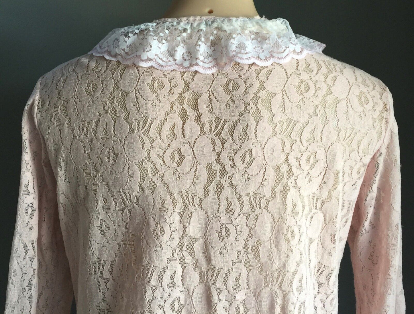 Soft Pink Lace Cardigan Jacket Long Sleeve White Lace Trim Stretch Size 12 Y2K