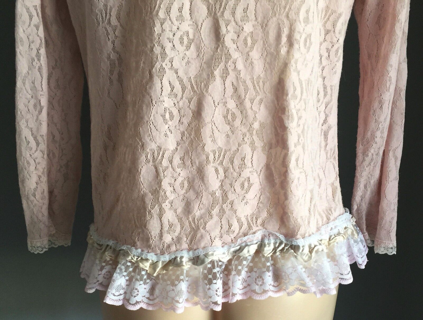 Soft Pink Lace Cardigan Jacket Long Sleeve White Lace Trim Stretch Size 12 Y2K