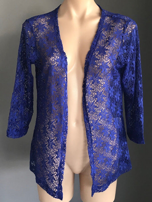 BLACK PEPPER Drape Cardigan Cobalt Blue Net Lace 3/4 Sleeve Ladies Size 12 NEW
