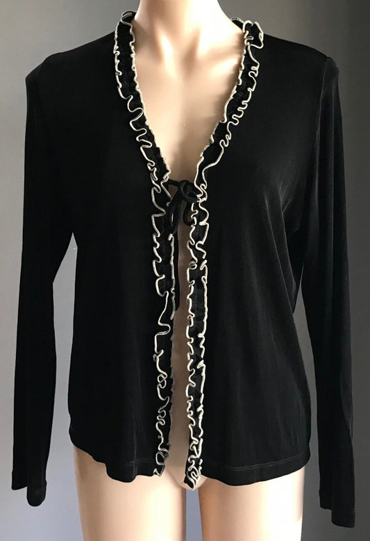 FELLA HAMILTON Cardigan Long Sleeve Black & White Frill Trim Size 12 Vintage