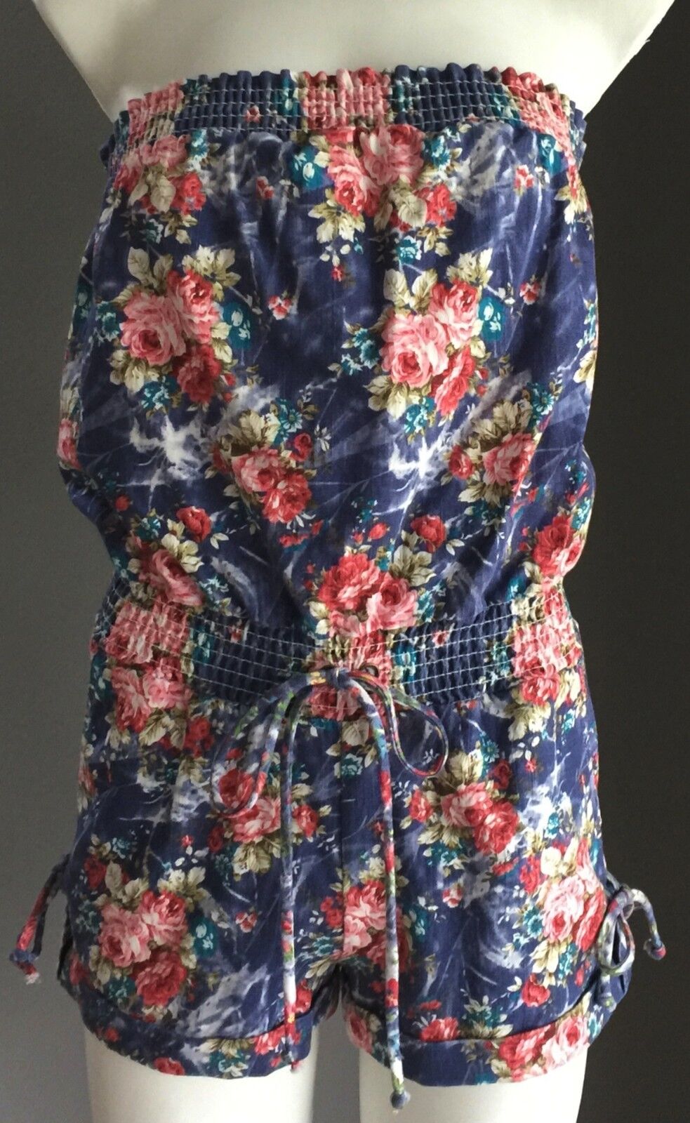 REFUGE Strapless Romper Denim Floral Print Playsuit Shortsuit Shorts Size S 6  8