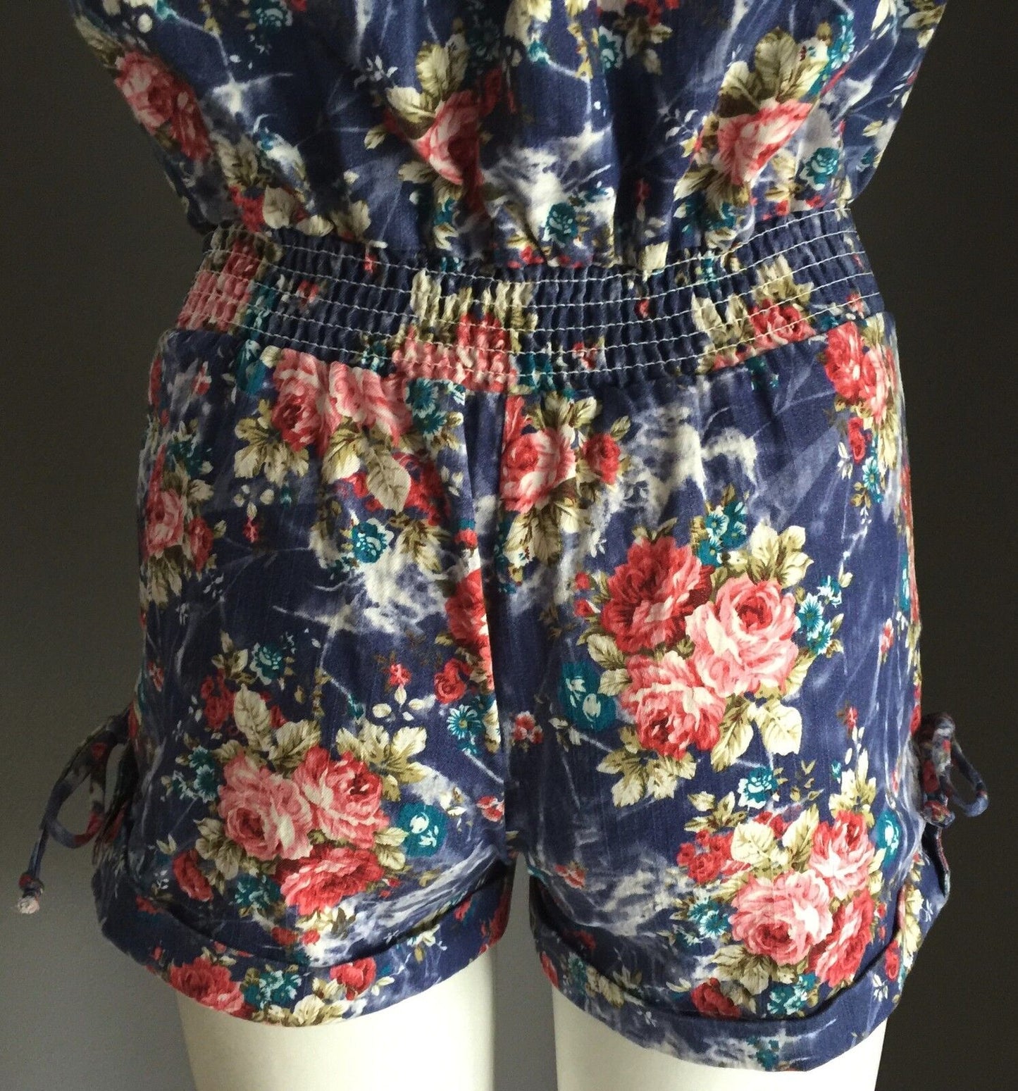 REFUGE Strapless Romper Denim Floral Print Playsuit Shortsuit Shorts Size S 6  8