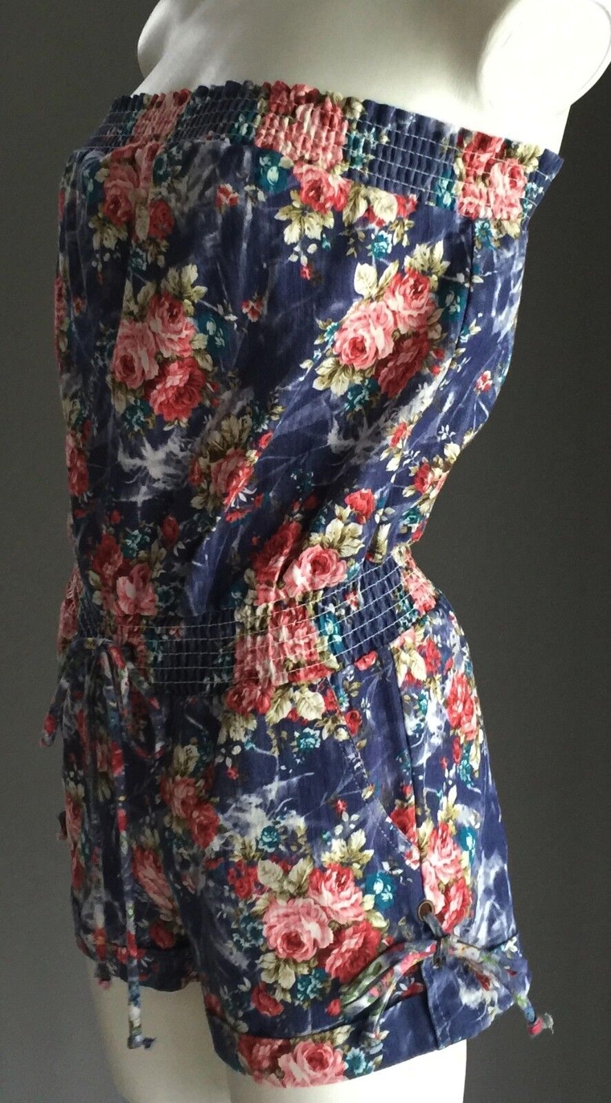 REFUGE Strapless Romper Denim Floral Print Playsuit Shortsuit Shorts Size S 6  8