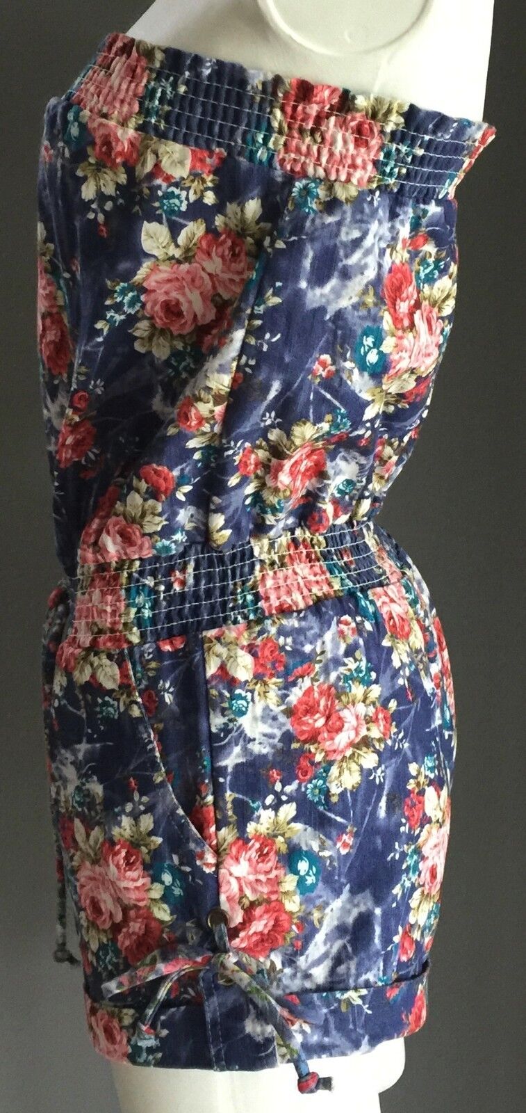 REFUGE Strapless Romper Denim Floral Print Playsuit Shortsuit Shorts Size S 6  8