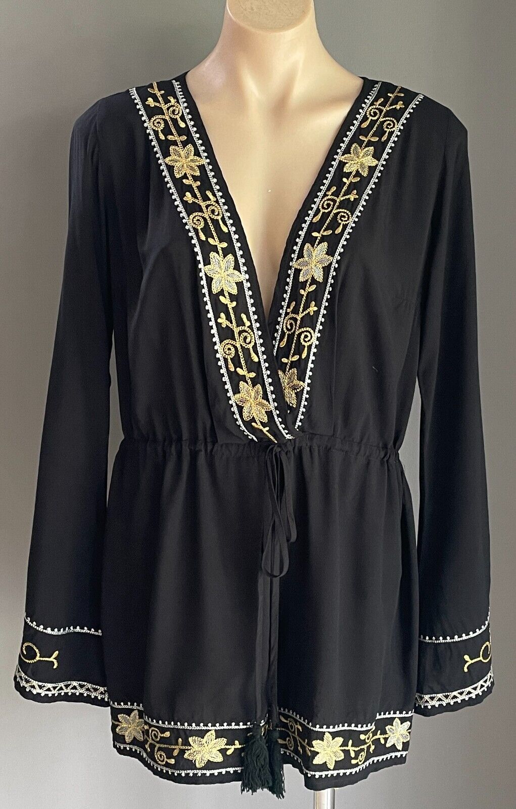 MORRISDAY Black Playsuit Gold Silver Trim Jumpsuit Size L Cotton Long Sleeve NEW