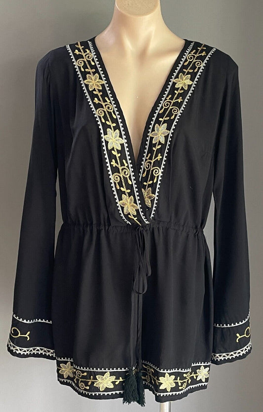 MORRISDAY Black Playsuit Gold Silver Trim Jumpsuit Size L Cotton Long Sleeve NEW