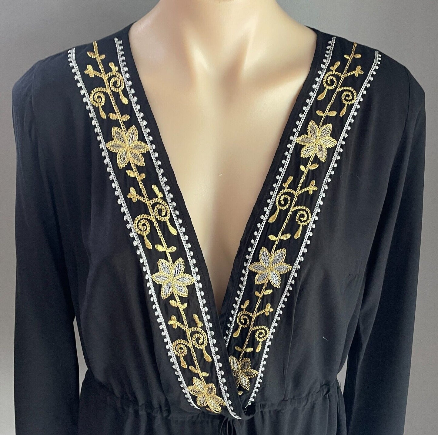MORRISDAY Black Playsuit Gold Silver Trim Jumpsuit Size L Cotton Long Sleeve NEW