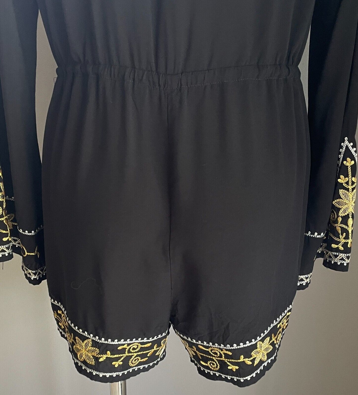 MORRISDAY Black Playsuit Gold Silver Trim Jumpsuit Size L Cotton Long Sleeve NEW