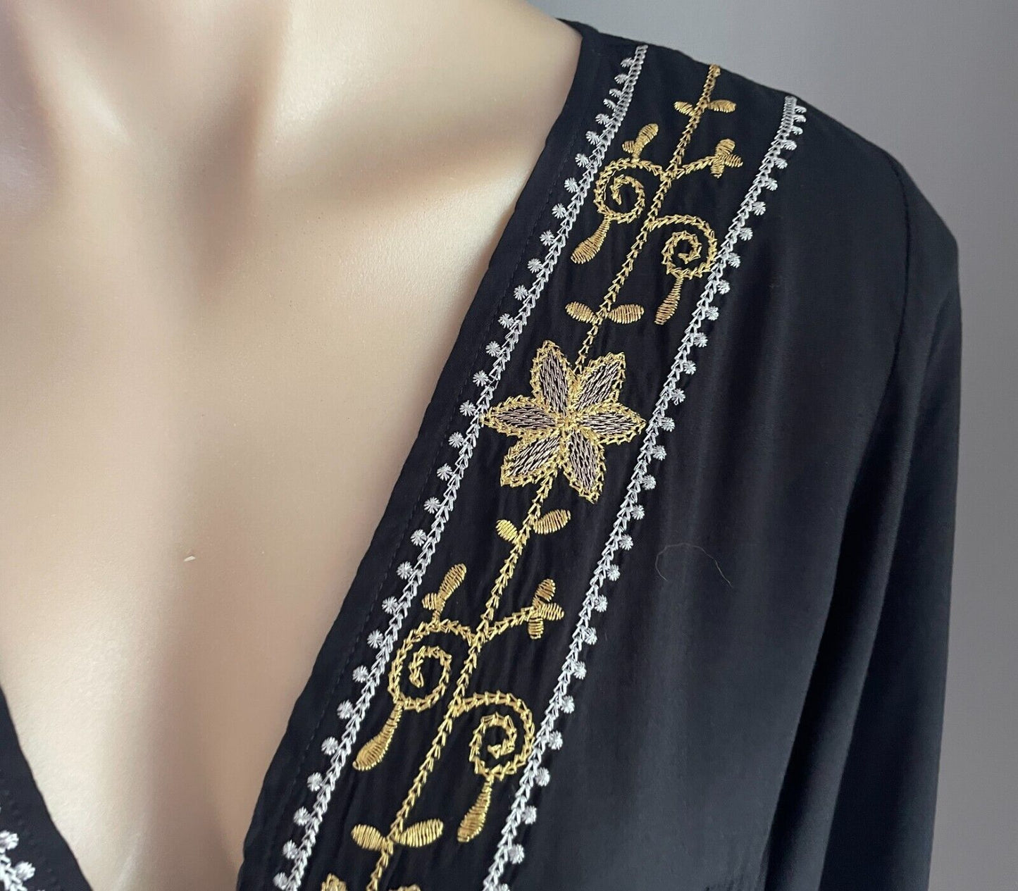 MORRISDAY Black Playsuit Gold Silver Trim Jumpsuit Size L Cotton Long Sleeve NEW