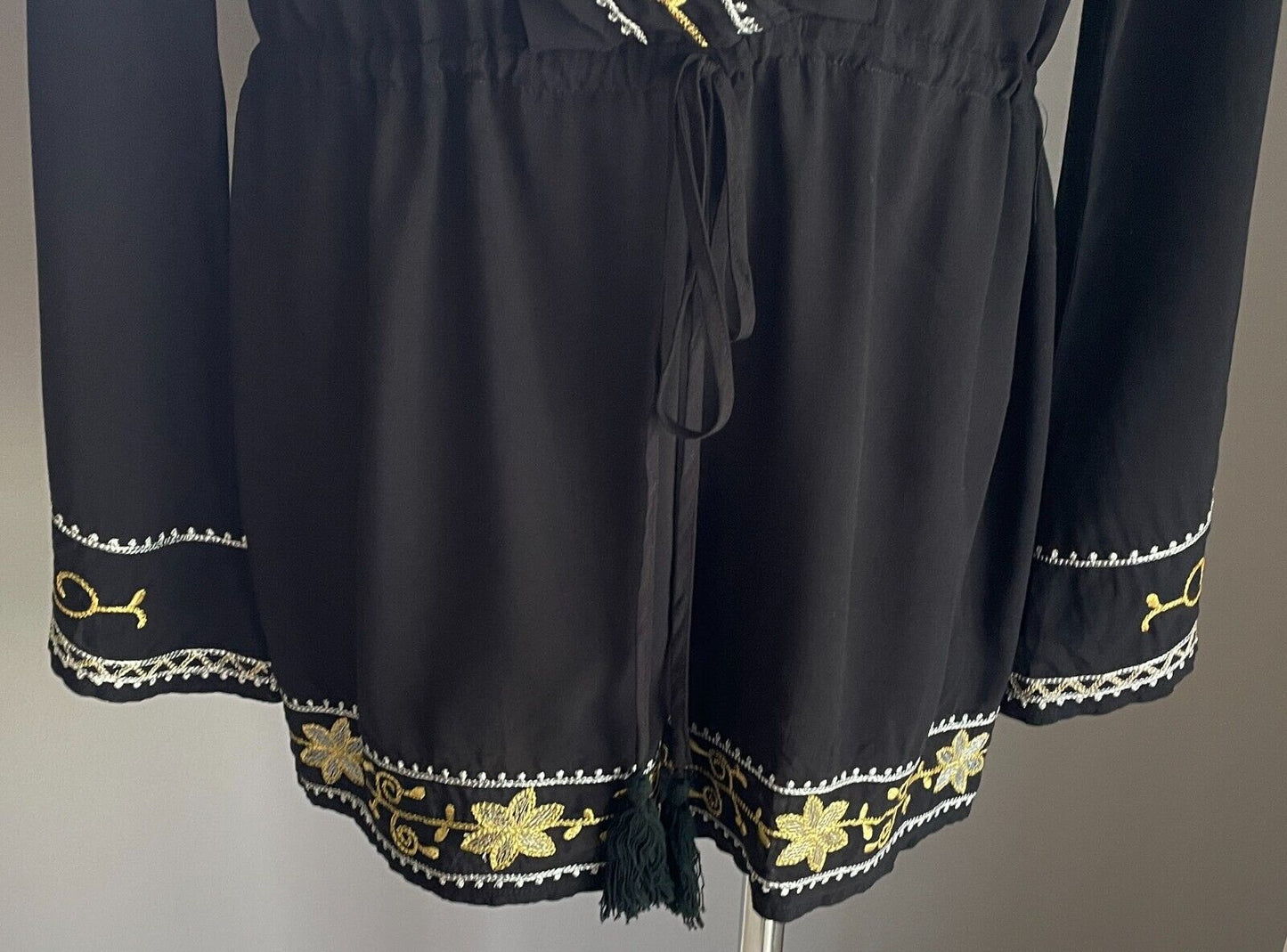 MORRISDAY Black Playsuit Gold Silver Trim Jumpsuit Size L Cotton Long Sleeve NEW