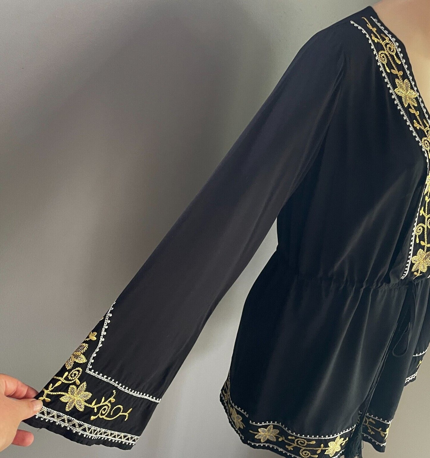MORRISDAY Black Playsuit Gold Silver Trim Jumpsuit Size L Cotton Long Sleeve NEW