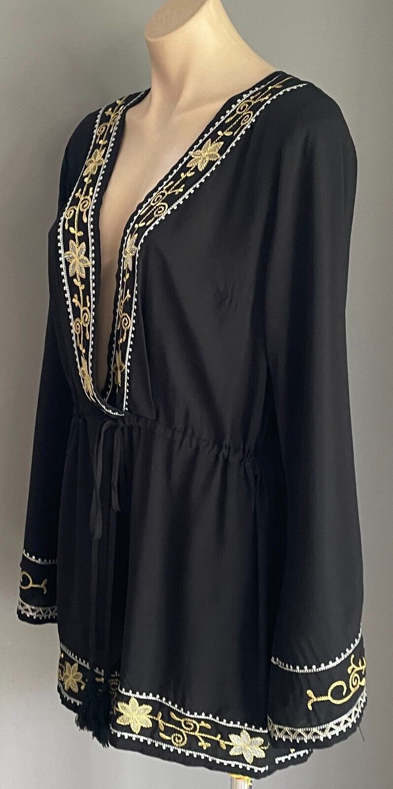 MORRISDAY Black Playsuit Gold Silver Trim Jumpsuit Size L Cotton Long Sleeve NEW