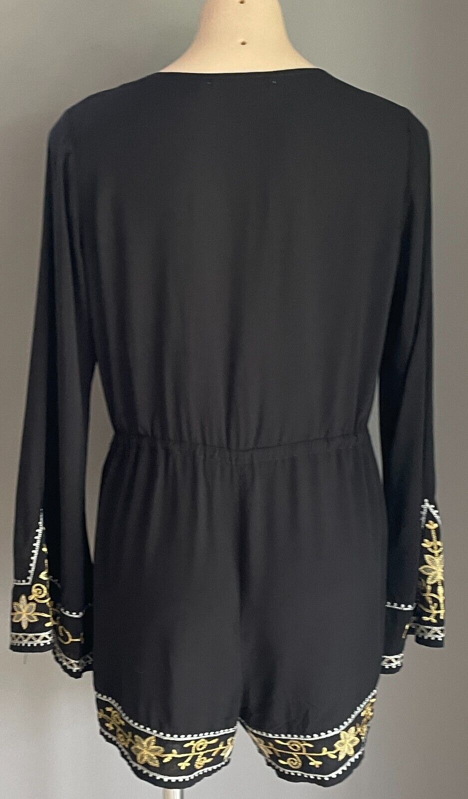 MORRISDAY Black Playsuit Gold Silver Trim Jumpsuit Size L Cotton Long Sleeve NEW