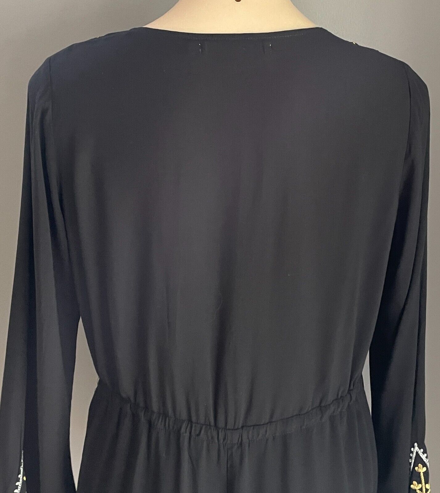 MORRISDAY Black Playsuit Gold Silver Trim Jumpsuit Size L Cotton Long Sleeve NEW