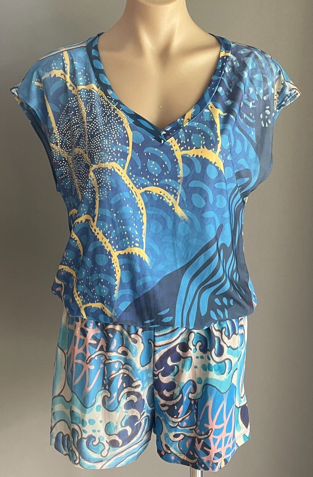 ED HARDY Jumpsuit Blue Ocean Theme Playsuit Elastic Waist Crystal Trim M 12
