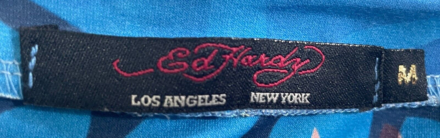 ED HARDY Jumpsuit Blue Ocean Theme Playsuit Elastic Waist Crystal Trim M 12