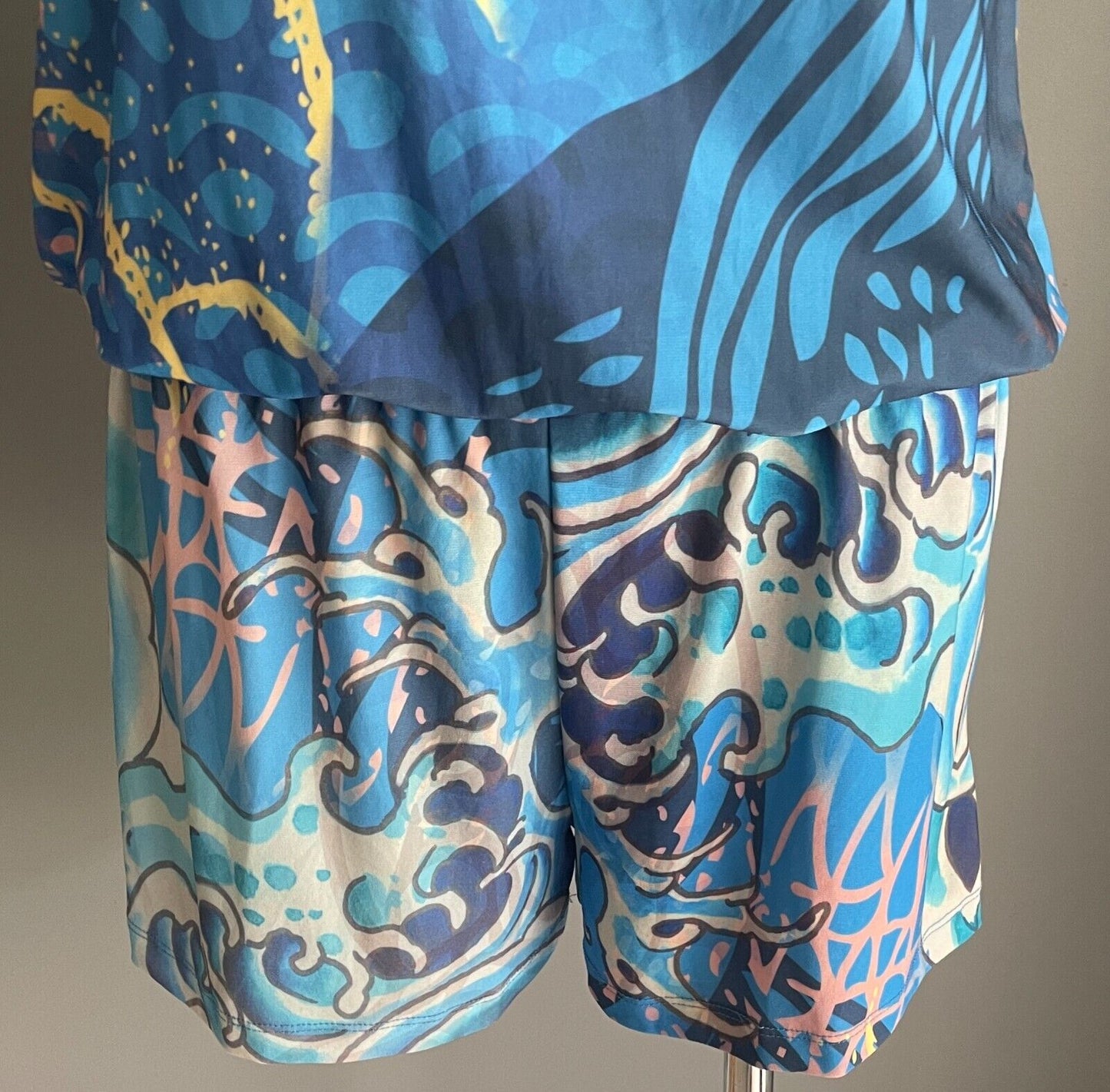 ED HARDY Jumpsuit Blue Ocean Theme Playsuit Elastic Waist Crystal Trim M 12