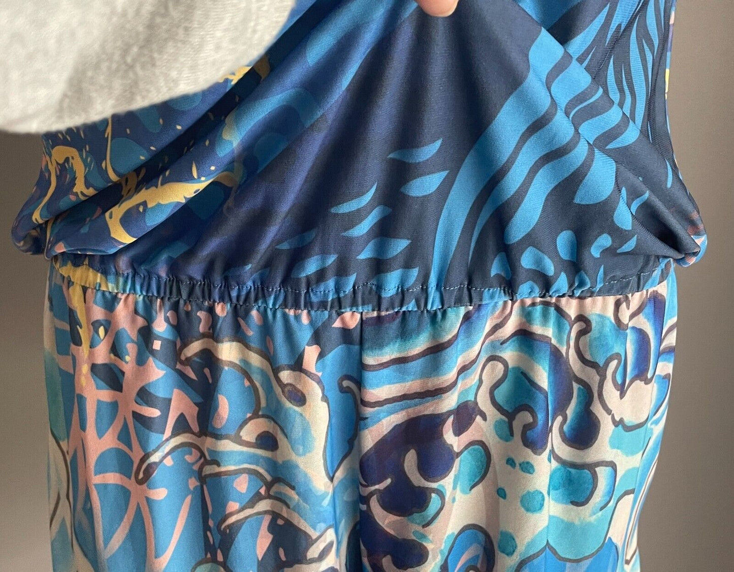 ED HARDY Jumpsuit Blue Ocean Theme Playsuit Elastic Waist Crystal Trim M 12