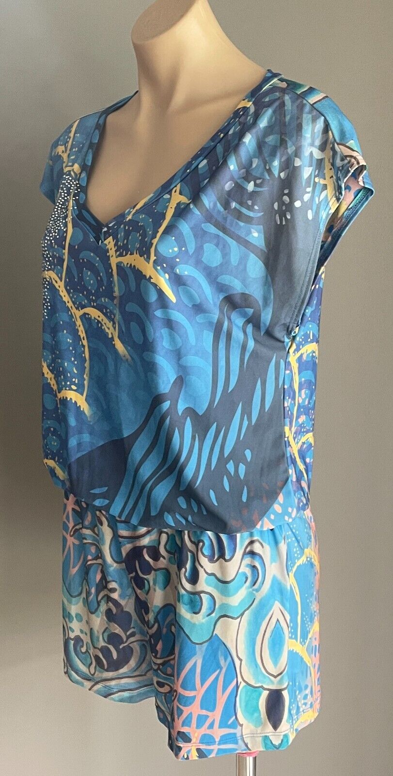 ED HARDY Jumpsuit Blue Ocean Theme Playsuit Elastic Waist Crystal Trim M 12