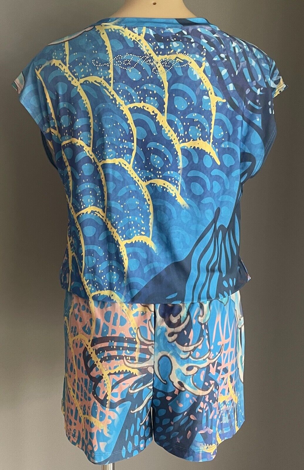 ED HARDY Jumpsuit Blue Ocean Theme Playsuit Elastic Waist Crystal Trim M 12