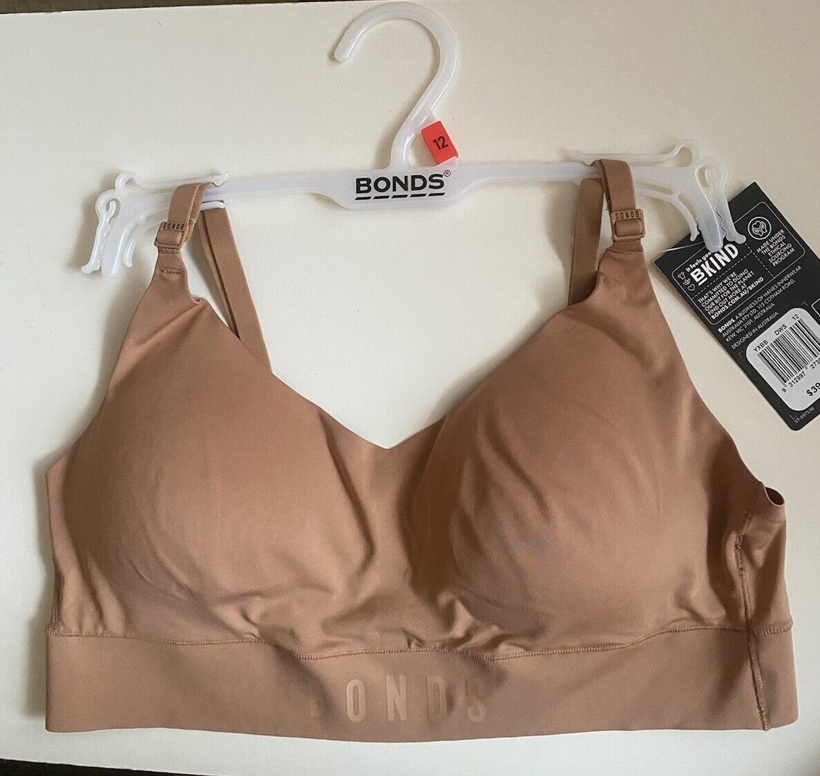 BONDS INVISI BRALETTE Mocha Wireless Removable Cups Slip On Logo Bra Size 12 NEW