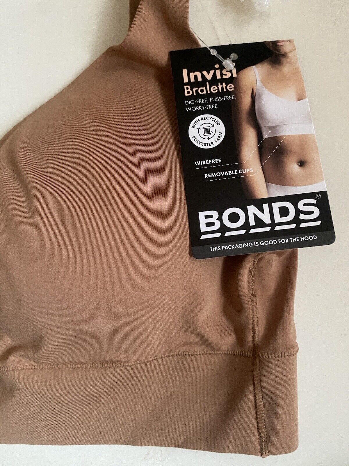 BONDS INVISI BRALETTE Mocha Wireless Removable Cups Slip On Logo Bra Size 12 NEW