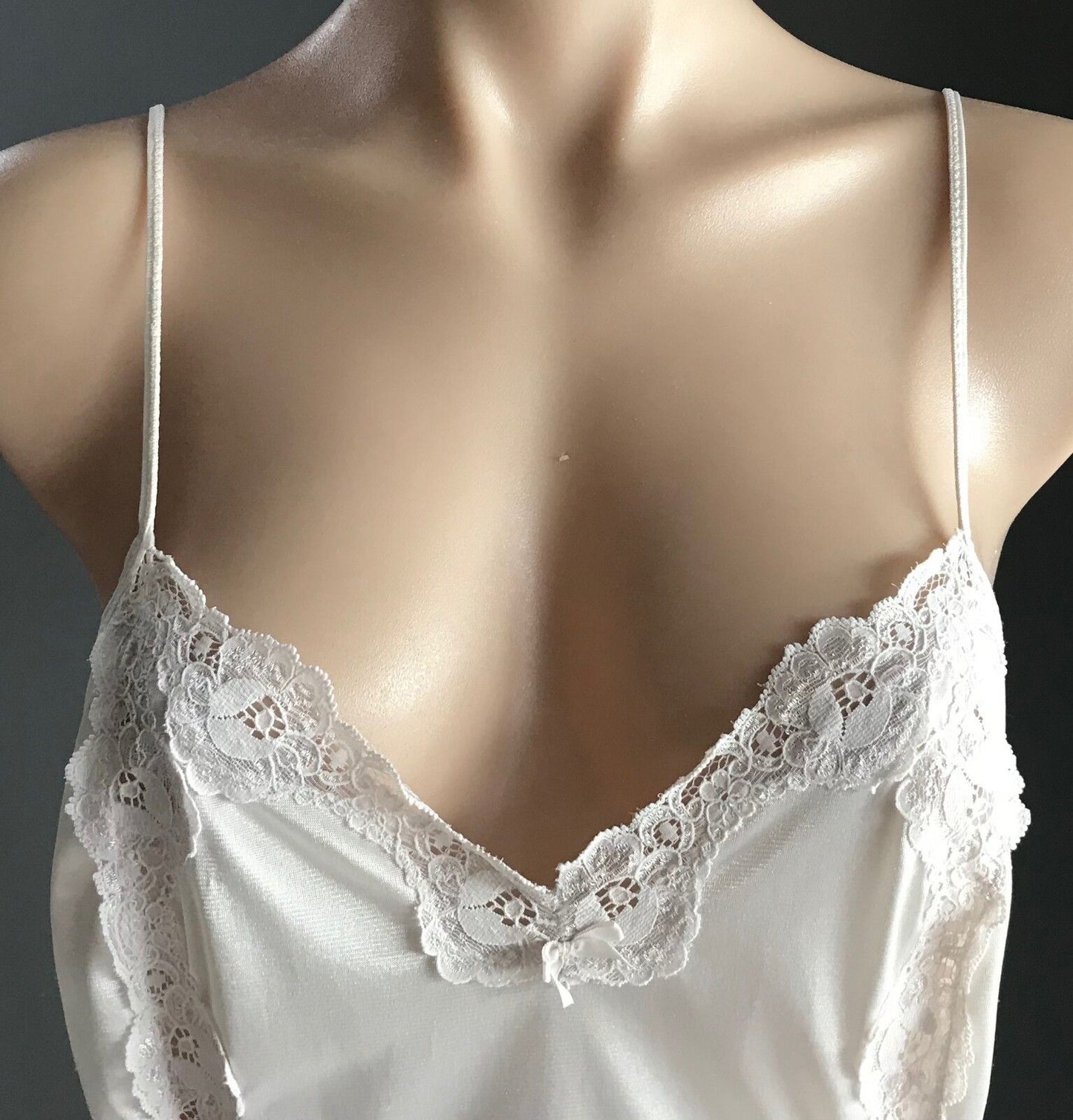 Vintage Camisole White Nylon Thin Straps Lace Panel & Trim Top Ladies Size 10