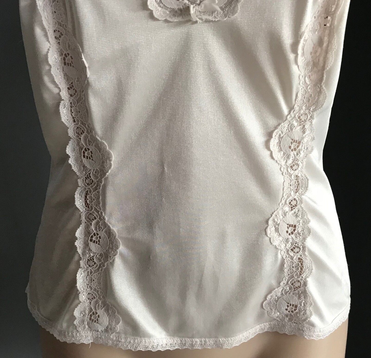 Vintage Camisole White Nylon Thin Straps Lace Panel & Trim Top Ladies Size 10